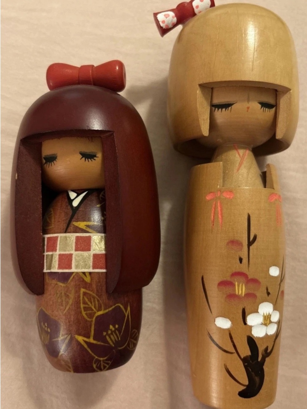 Hand-Painted Wooden Kokeshi Doll Pair - Red & Natural